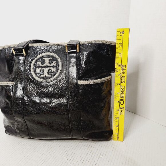 Tory Burch Black Patent Leather Snakeskin Trim Gold Hardware Shoulder Bag Tote - Picture 12 of 16